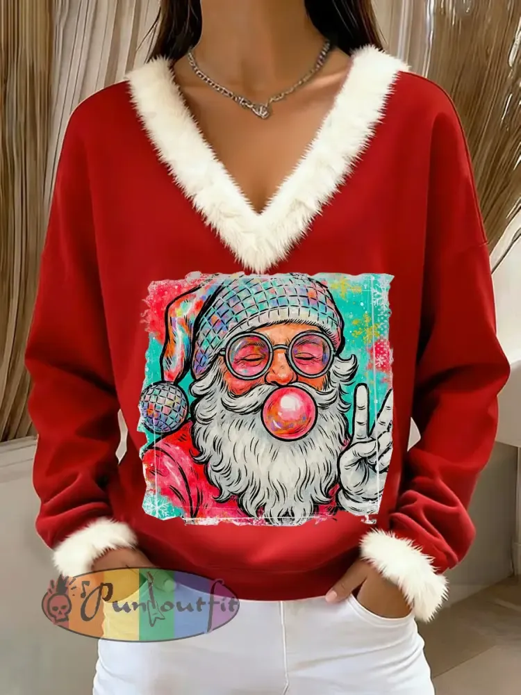 Women’s Retro Christmas Santa Claus Blowing Bubbles Loose Long Sleeved Fur-Trimmed Sweater