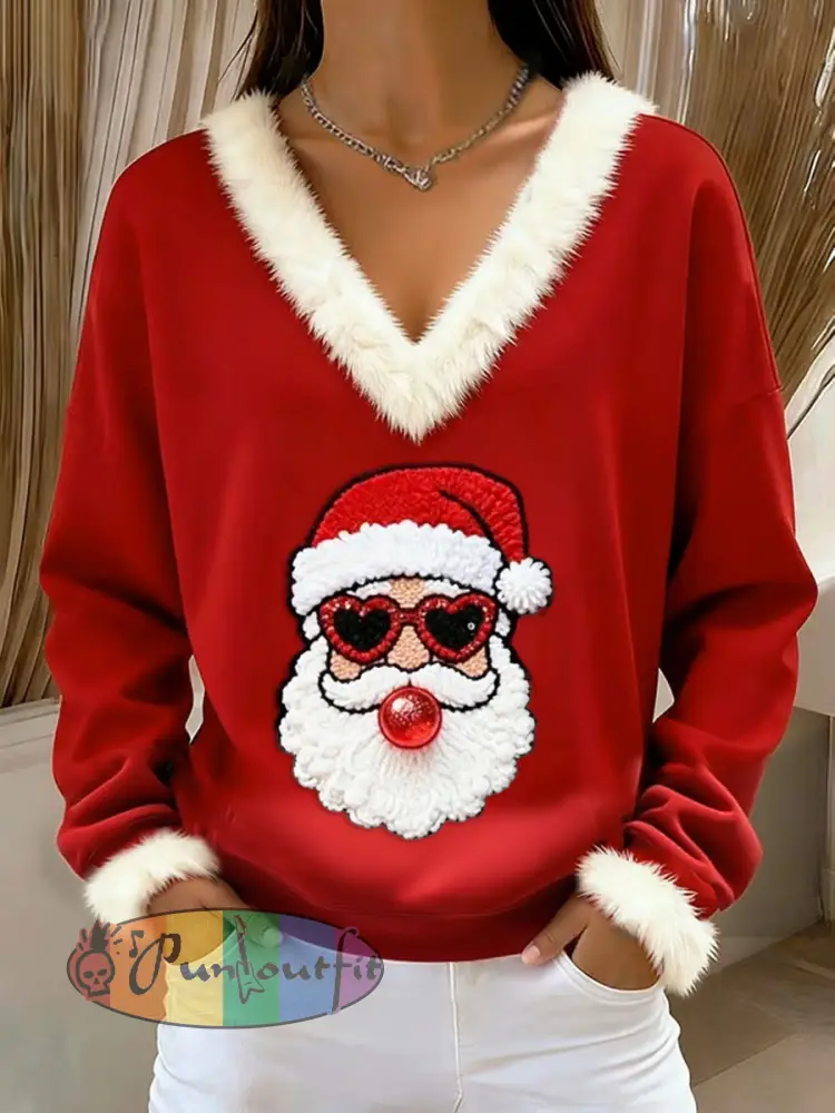 Women’s Retro Christmas Santa Claus Blowing Bubbles Loose Long Sleeved Fur-Trimmed Sweater