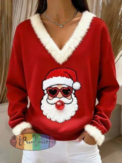 Women’s Retro Christmas Santa Claus Blowing Bubbles Loose Long Sleeved Fur-Trimmed Sweater