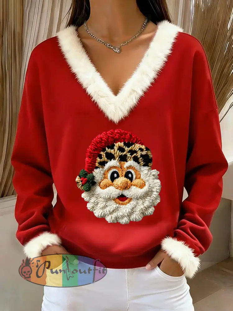 Women’s Retro Christmas Fluffy Santa Loose Long Sleeved Fur-Trimmed Sweater