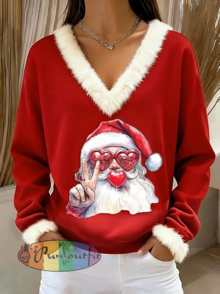 Women’s Retro Christmas Santa Claus Blowing Bubbles Loose Long Sleeved Fur-Trimmed Sweater