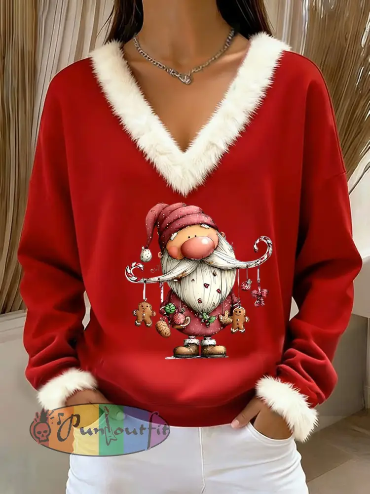 Women’s Retro Christmas Santa Loose Long Sleeved Fur-Trimmed Sweater