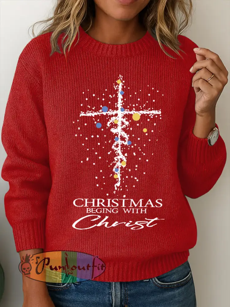 Women’S Casual Christmas ’Christmas Begins With Christ’ Cross Print Sweater