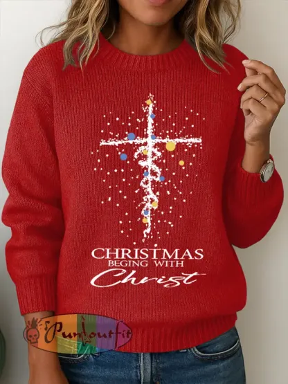 Women’S Casual Christmas ’Christmas Begins With Christ’ Cross Print Sweater
