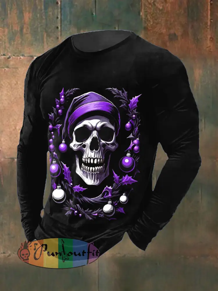 Men’s Gothic Christmas Skull Printed Long Sleeved Round Neck T-shirt