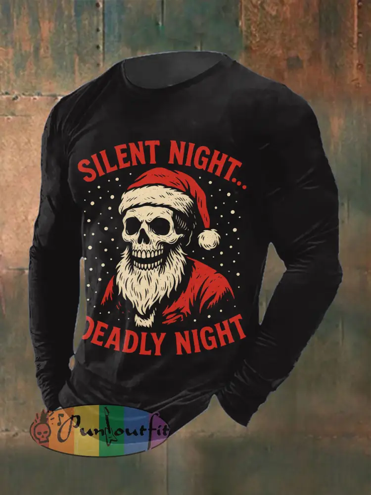 Men’s Gothic Christmas Skull Printed Long Sleeved Round Neck T-shirt