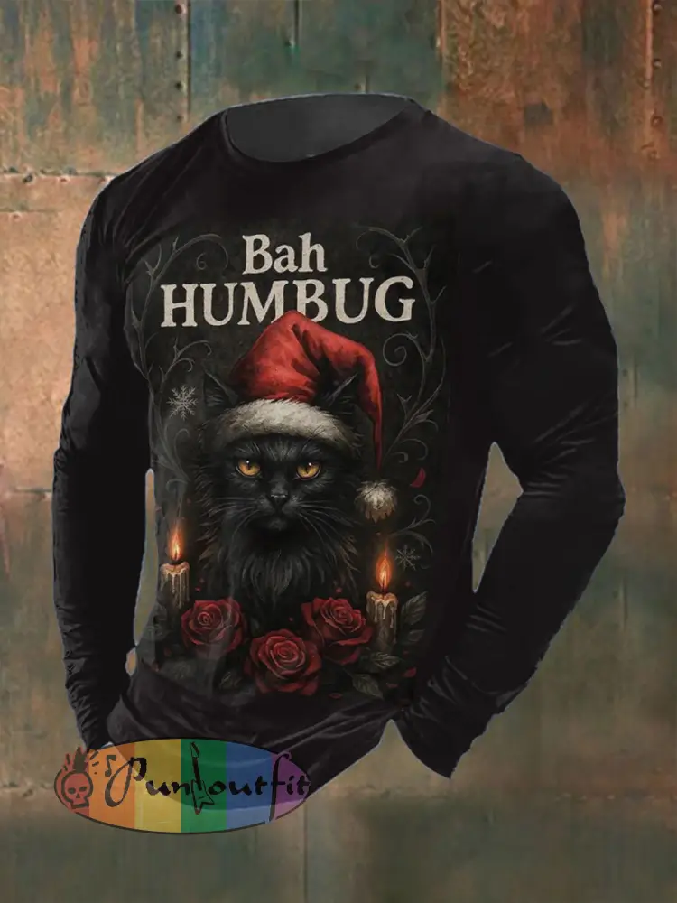 Men’s Gothic Christmas Printed Long Sleeved Round Neck T-shirt