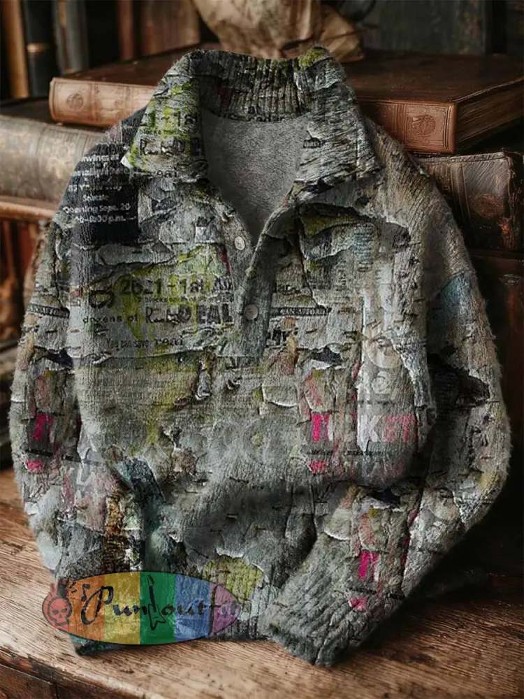 Vintage Patchwork Art Print Buttoned Stand Collar Sweater