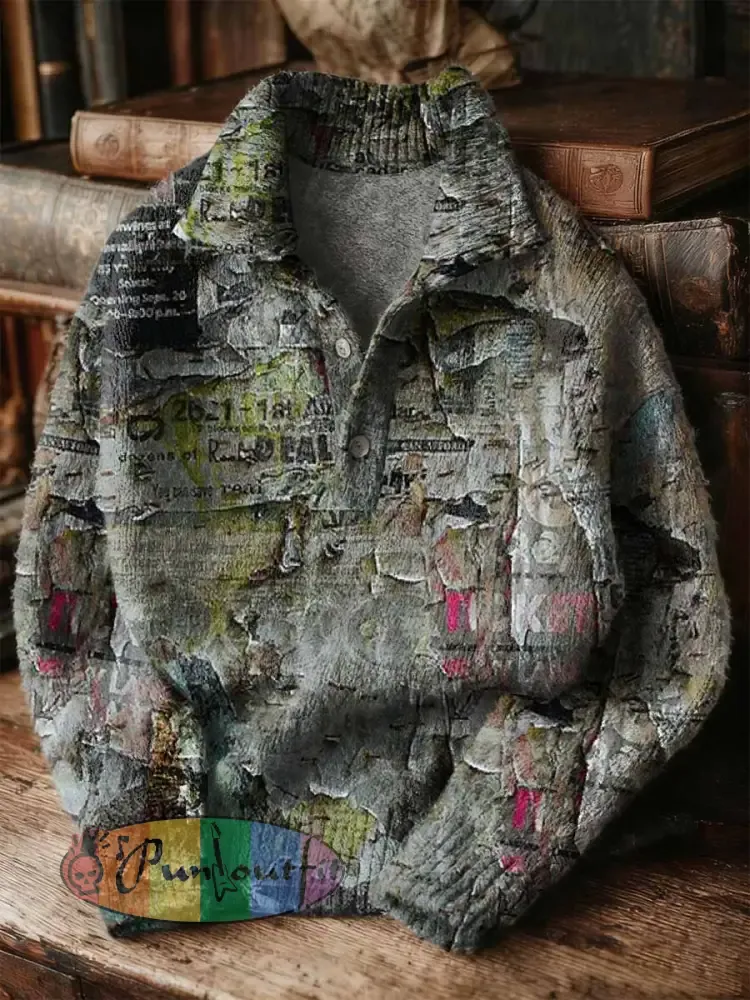 Vintage Patchwork Art Print Buttoned Stand Collar Sweater