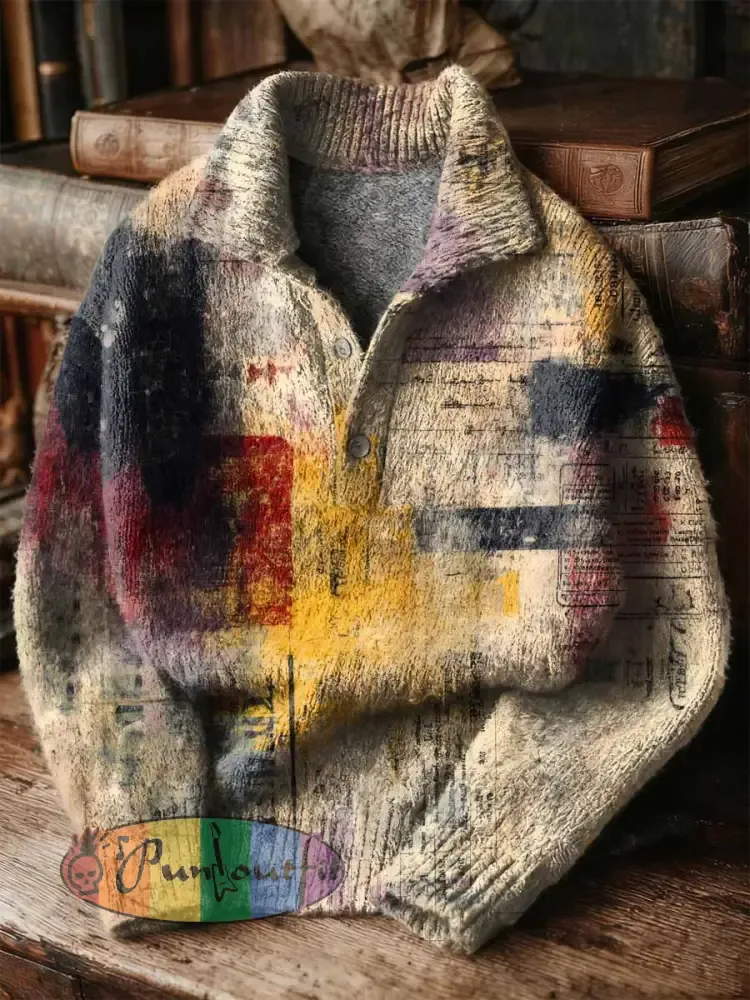 Vintage Patchwork Art Print Buttoned Stand Collar Sweater