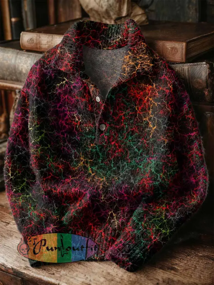 Retro Graffiti Art Printed Button-Up Stand Collar Sweater