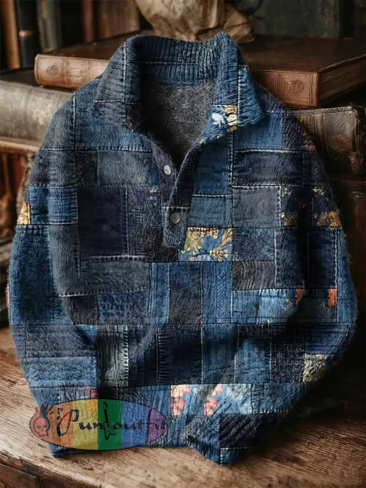Vintage Patchwork Art Print Buttoned Stand Collar Sweater