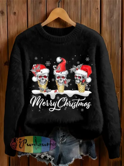 Womens’ Goth Christmas Printed Round Neck Comfortable Sweater