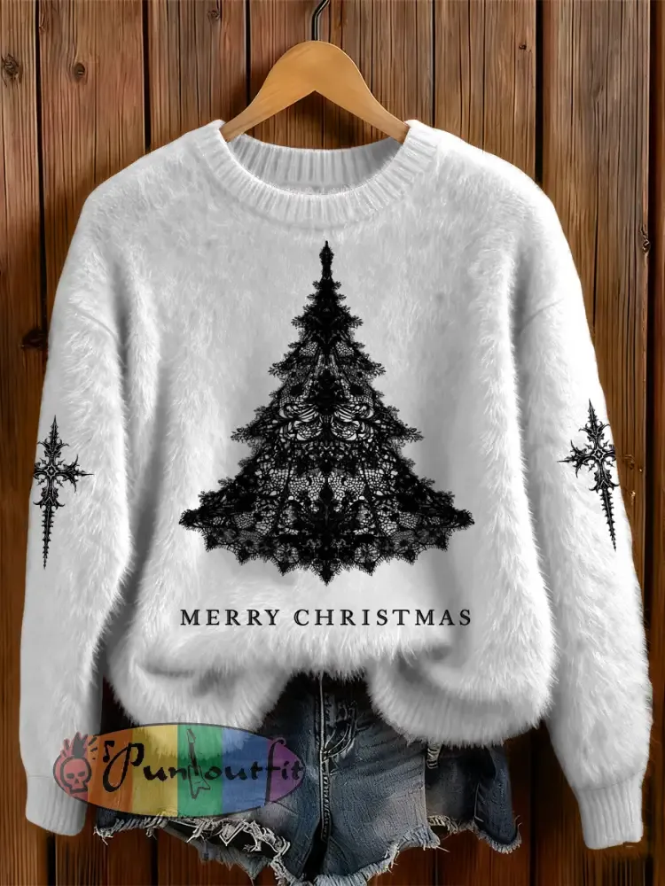 Womens’ Gothic Christmas Tree Cross Printed Round Neck Comfortable Sweater