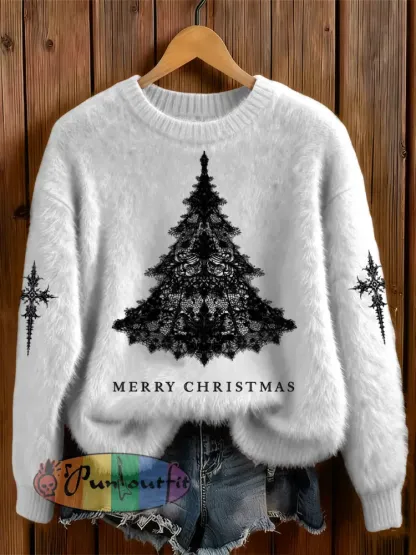 Womens’ Gothic Christmas Tree Cross Printed Round Neck Comfortable Sweater