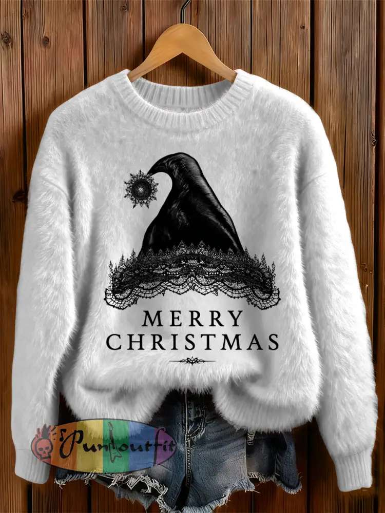Womens’ Gothic Christmas Hat Cross Printed Round Neck Comfortable Sweater