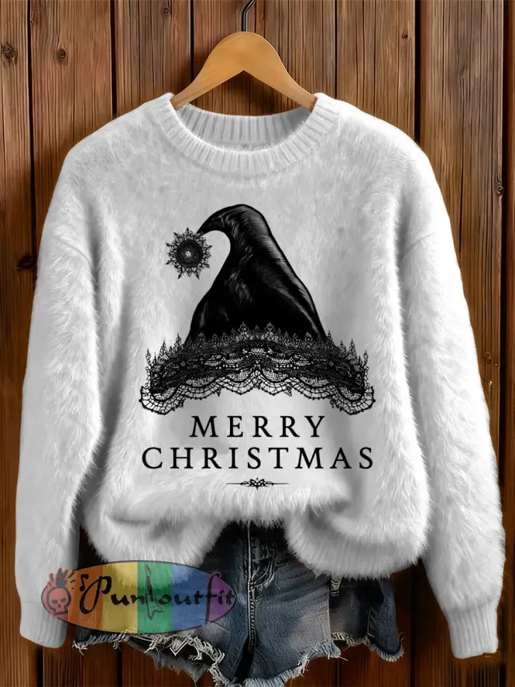 Womens’ Gothic Christmas Hat Cross Printed Round Neck Comfortable Sweater