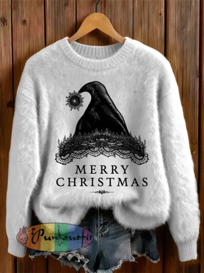 Womens’ Gothic Christmas Hat Cross Printed Round Neck Comfortable Sweater