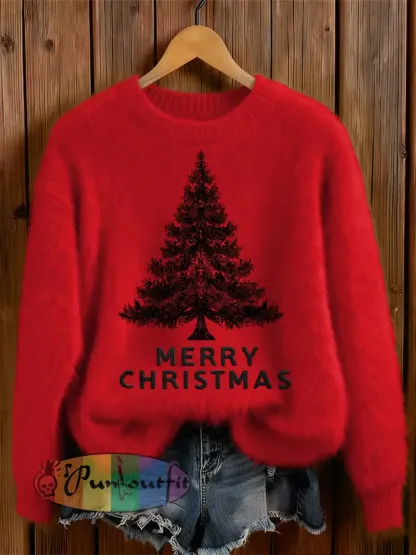 Womens’ Gothic Christmas Tree Printed Round Neck Comfortable Sweater