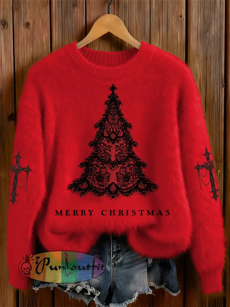 Womens’ Gothic Christmas Tree Cross Printed Round Neck Comfortable Sweater