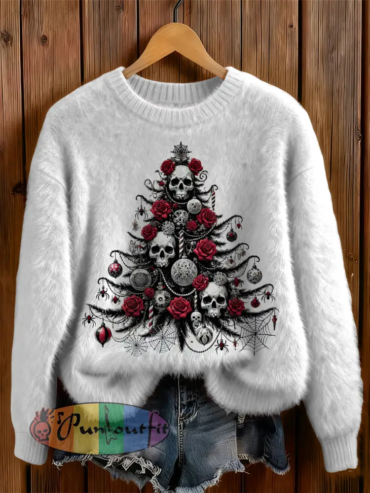 Womens’ Gothic Christmas Tree Cross Printed Round Neck Comfortable Sweater