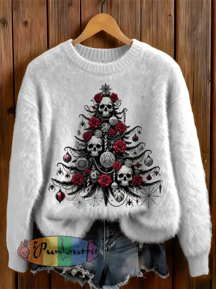 Womens’ Gothic Christmas Tree Cross Printed Round Neck Comfortable Sweater