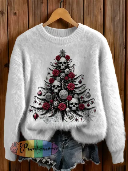 Womens’ Gothic Christmas Tree Cross Printed Round Neck Comfortable Sweater