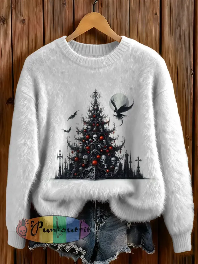 Womens’ Gothic Christmas Tree Cross Printed Round Neck Comfortable Sweater
