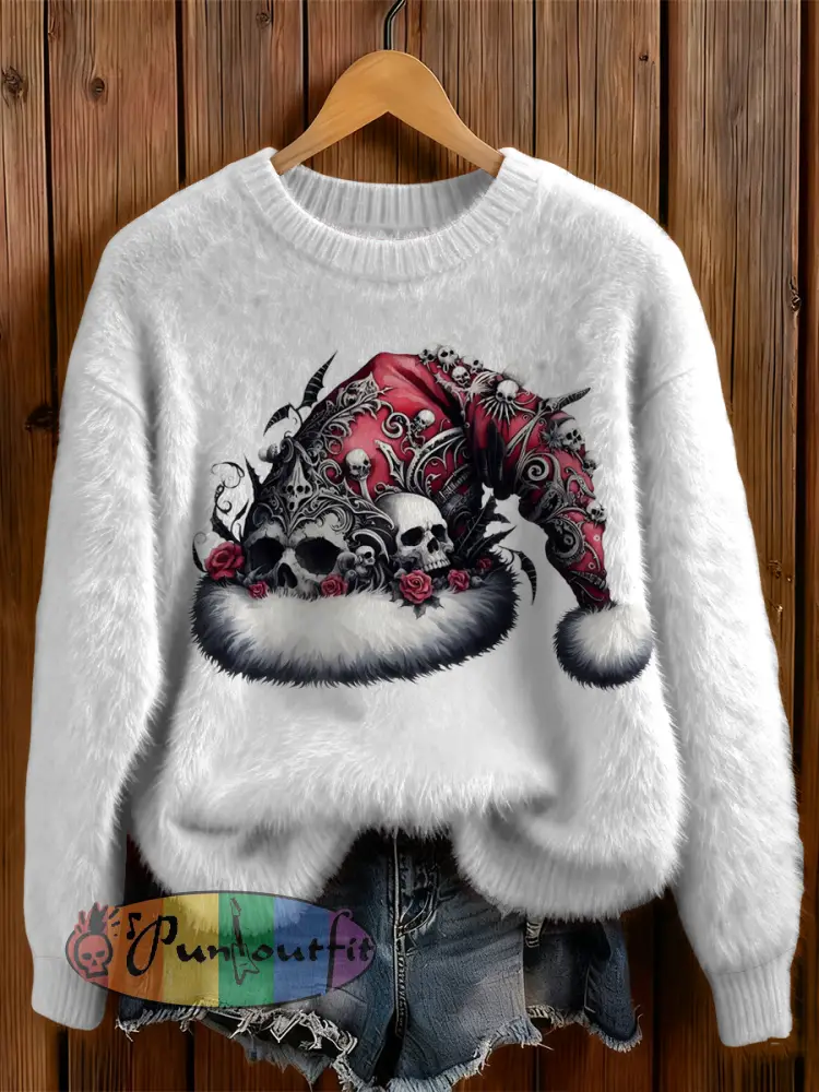 Womens’ Gothic Christmas Hat Printed Round Neck Comfortable Sweater