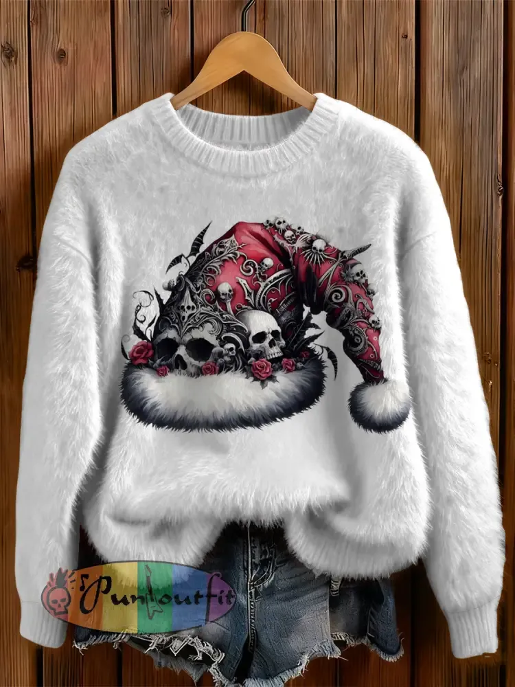 Womens’ Gothic Christmas Hat Printed Round Neck Comfortable Sweater