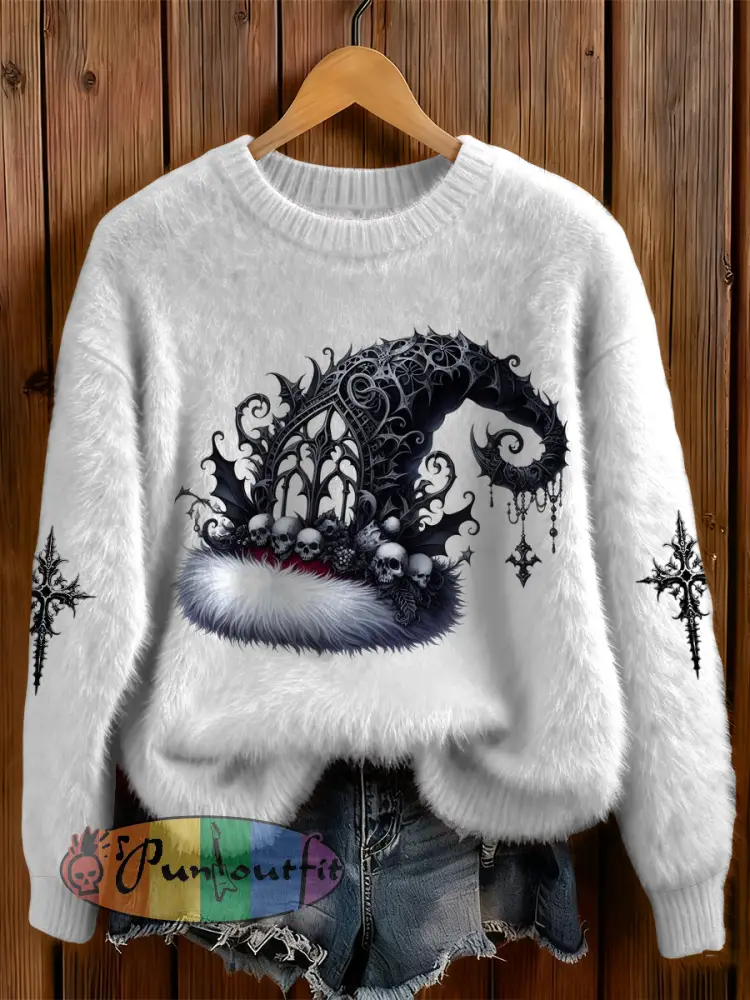 Womens’ Gothic Christmas Hat Cross Printed Round Neck Comfortable Sweater