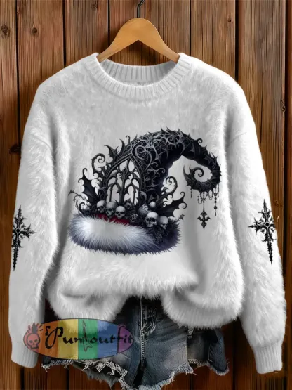 Womens’ Gothic Christmas Hat Cross Printed Round Neck Comfortable Sweater