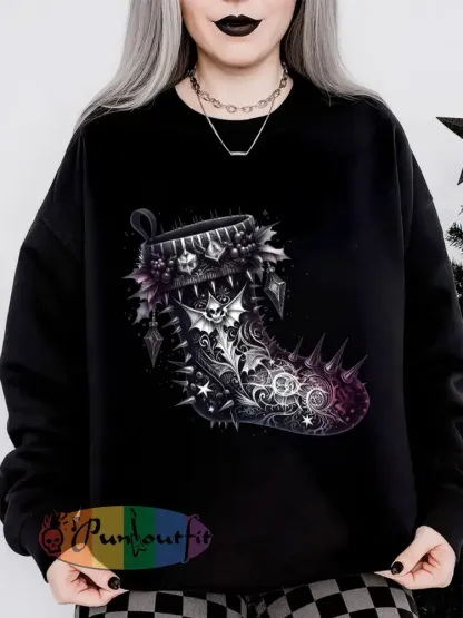 Women’s Gothic Christmas Print Long Sleeved Round Neck Sweatshirt