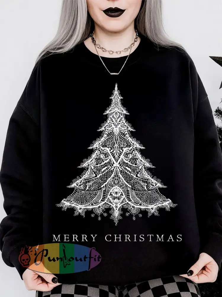 Women’s Gothic Christmas Tree Print Long Sleeved Round Neck Sweatshirt