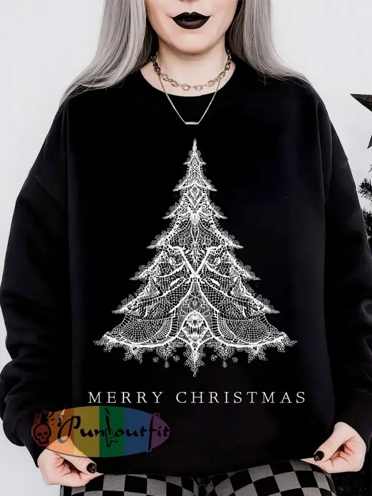 Women’s Gothic Christmas Tree Print Long Sleeved Round Neck Sweatshirt