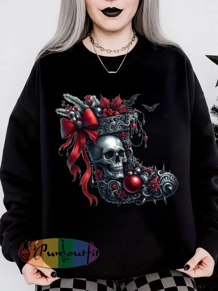 Women’s Gothic Christmas Hat Printed Long Sleeve Round Neck Sweatshirt