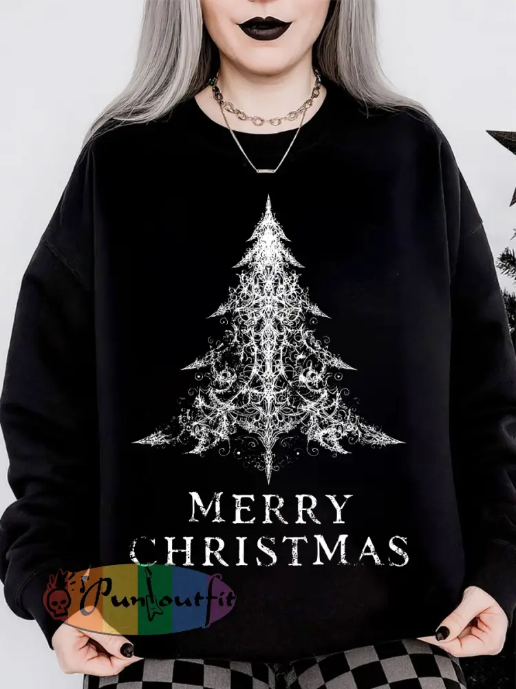 Women’s Gothic Christmas Tree Print Long Sleeved Round Neck Sweatshirt