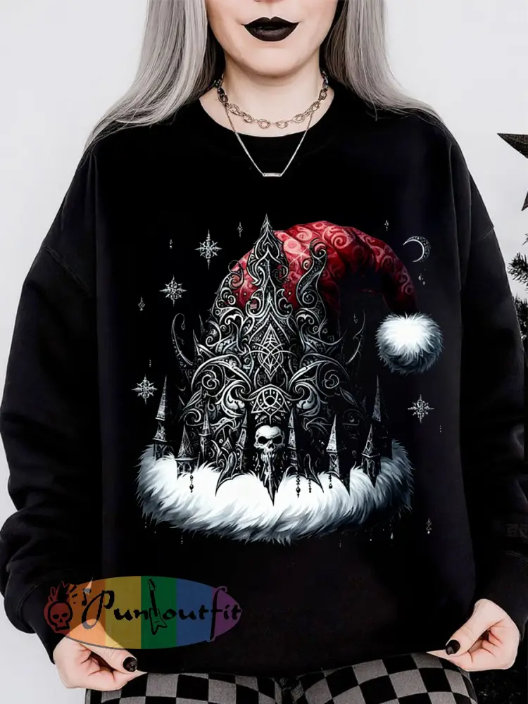 Women’s Gothic Christmas Hat Printed Long Sleeve Round Neck Hoodie