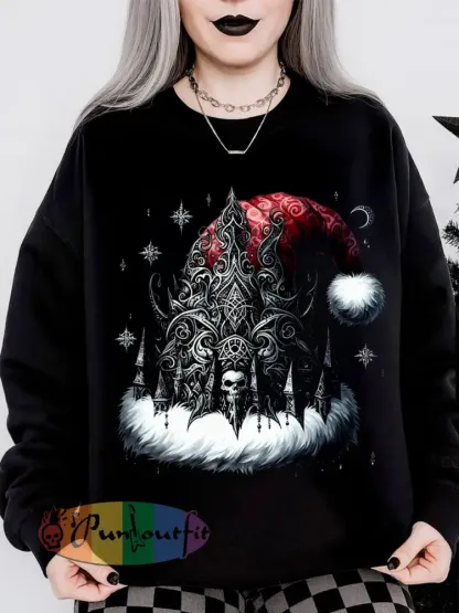 Women’s Gothic Christmas Hat Printed Long Sleeve Round Neck Hoodie