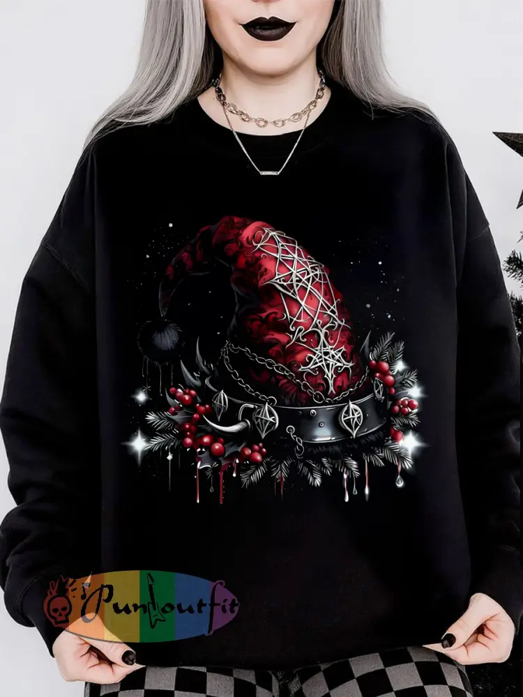 Women’s Gothic Christmas Hat Printed Long Sleeve Round Neck Hoodie