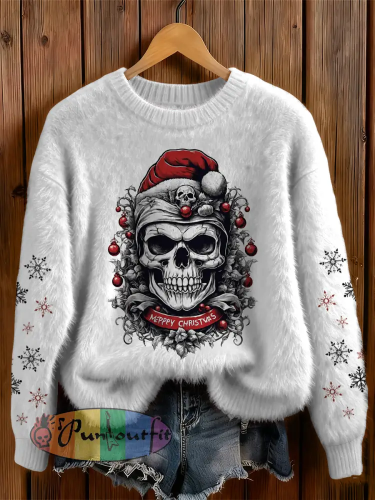 Womens’ Gothic Christmas Skull Printed Round Neck Comfortable Sweater