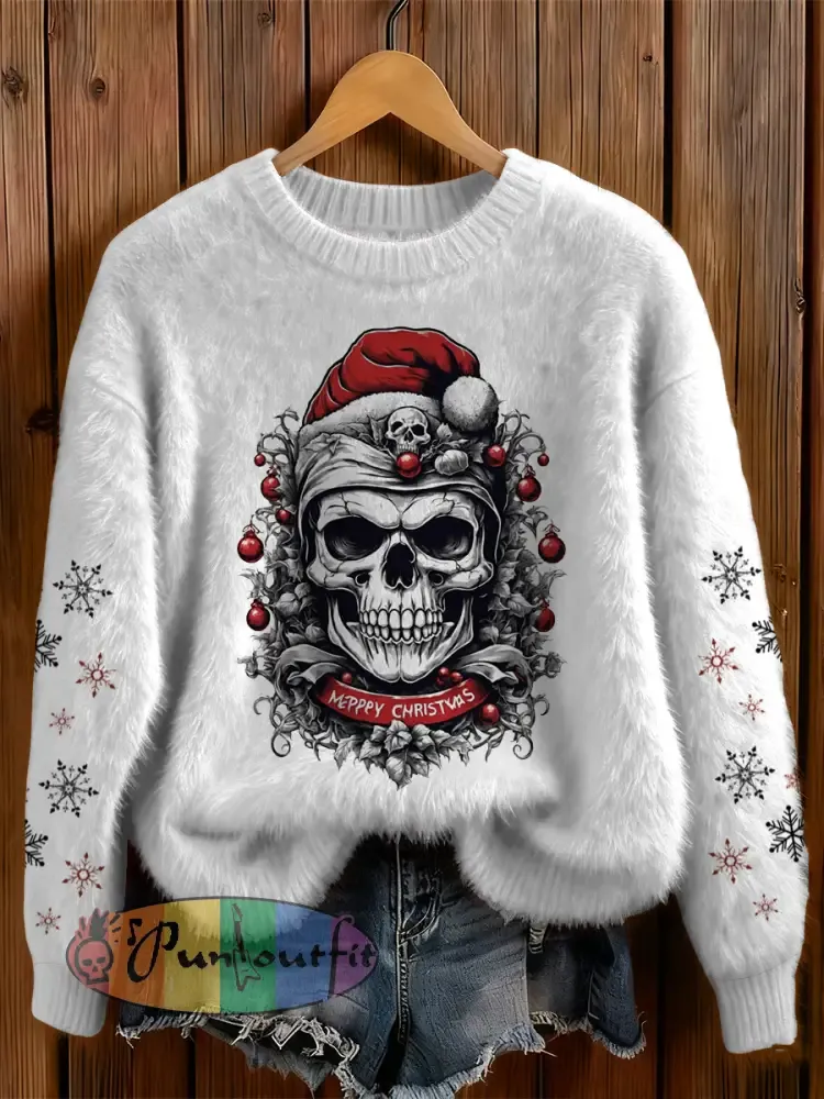 Womens’ Gothic Christmas Skull Printed Round Neck Comfortable Sweater