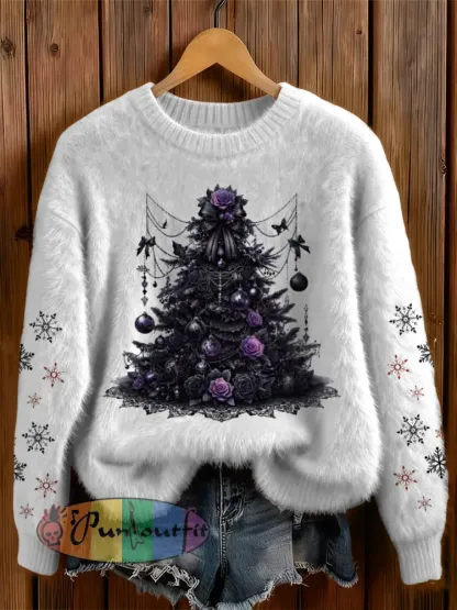 Womens’ Gothic Christmas Tree Printed Round Neck Comfortable Sweater