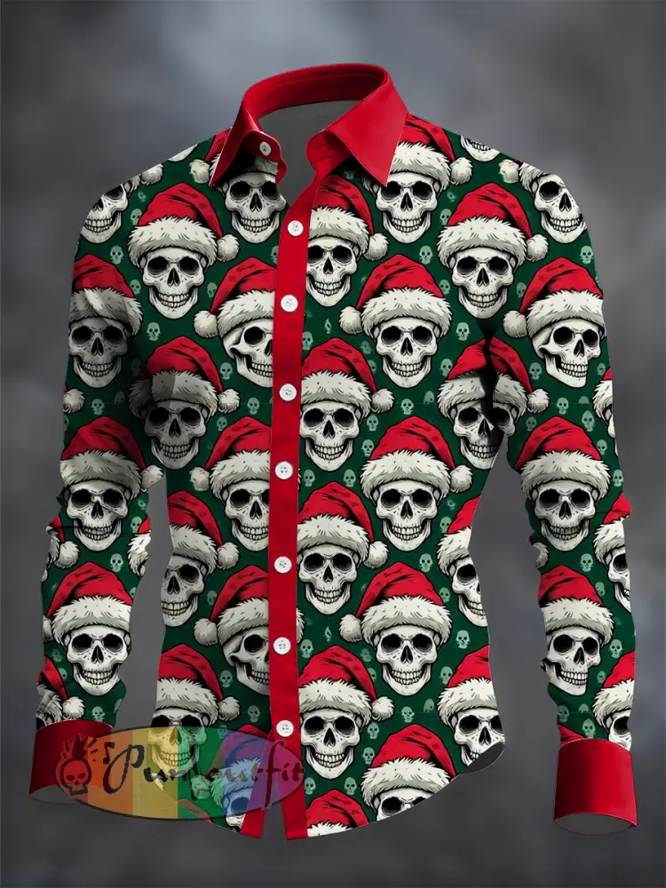 Men’s Gothic Christmas Skull Printed Long Sleeved Casual Shirt