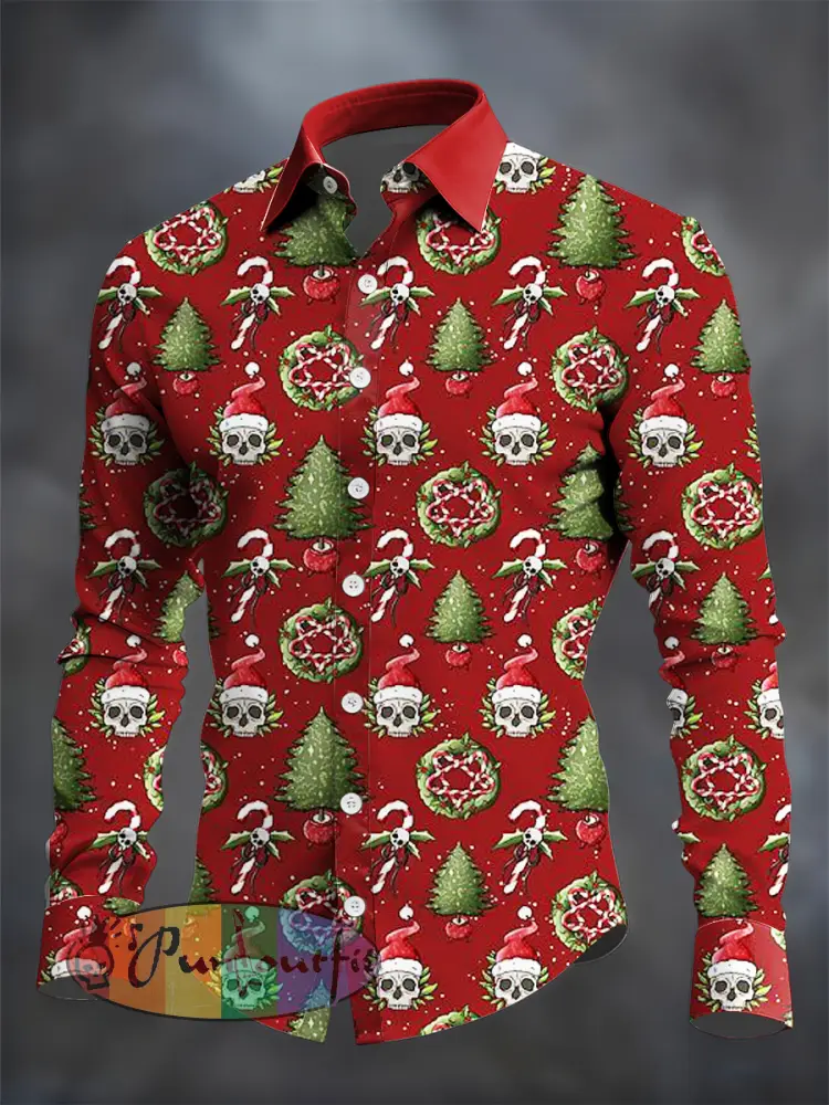 Men’s Gothic Christmas Skull Printed Long Sleeved Casual Shirt