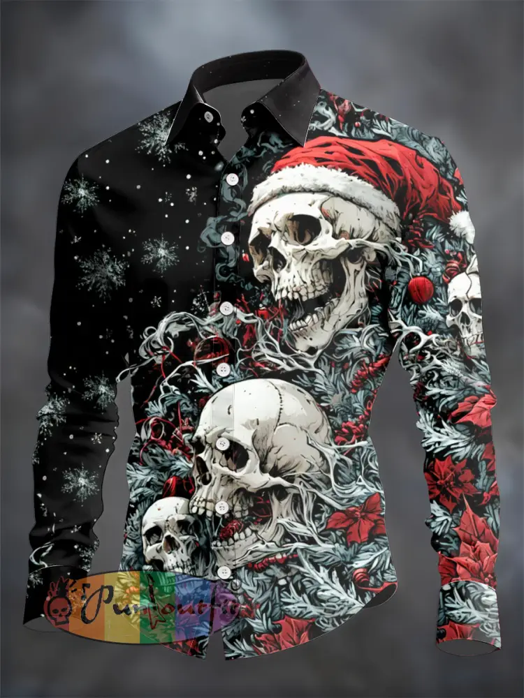 Men’s Gothic Christmas Skull Printed Long Sleeved Casual Shirt