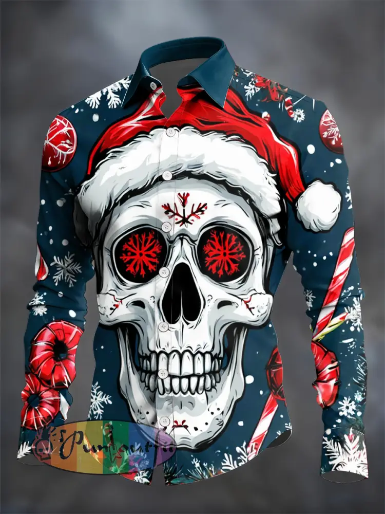 Men’s Gothic Christmas Skull Printed Long Sleeved Casual Shirt