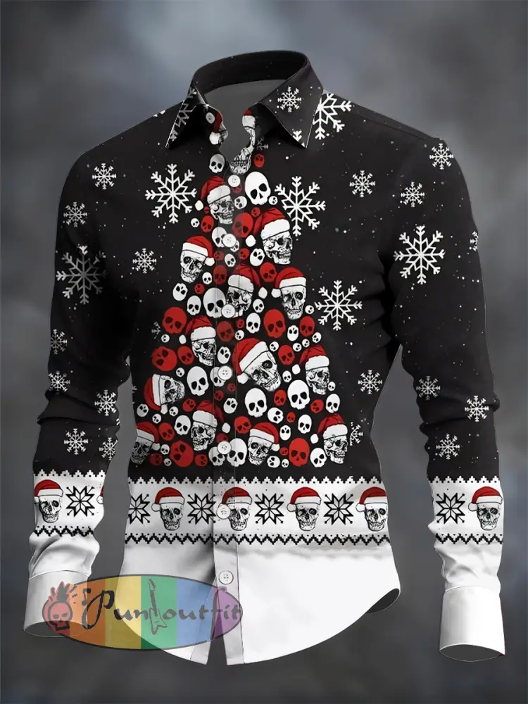 Men’s Gothic Christmas Skull Printed Long Sleeved Casual Shirt