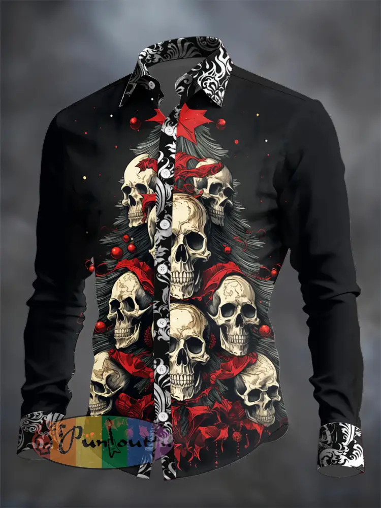 Men’s Gothic Santa Claus Printed Long Sleeve Casual Shirt