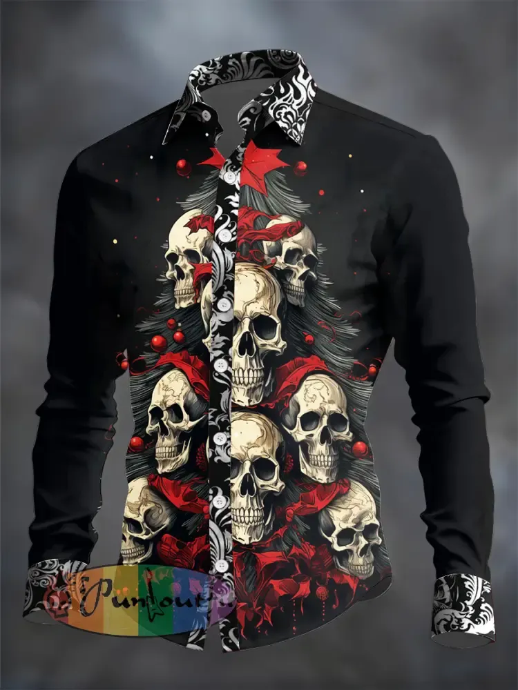 Men’s Gothic Santa Claus Printed Long Sleeve Casual Shirt